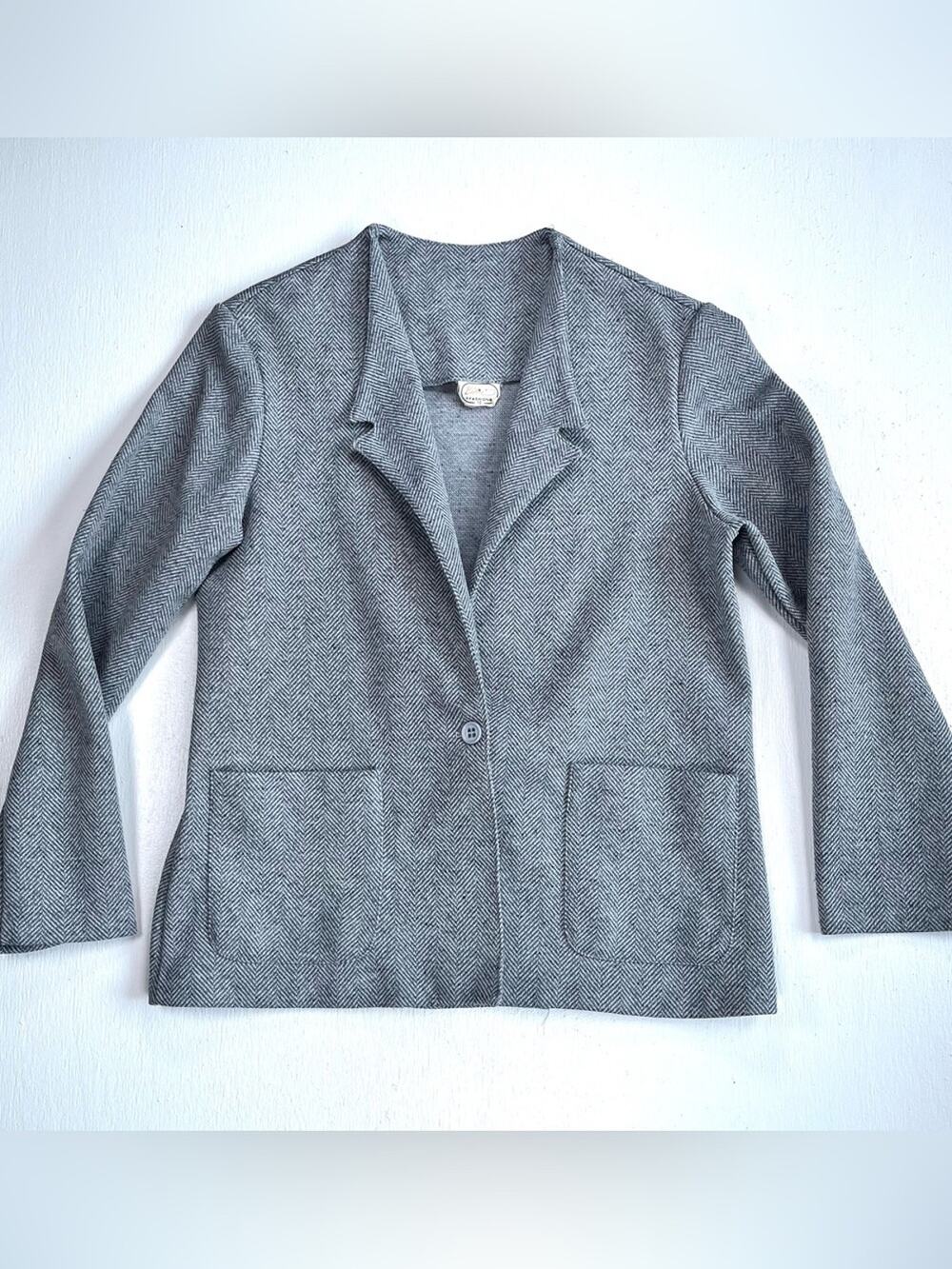 Vintage 70s Gray Herringbone Blazer Size 12 Notched Collar Single Button Classic